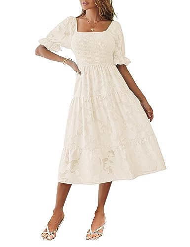 MEROKEETY Womens 2025 Summer Short Puff Sleeve Smocked Square Neck Floral Textured Tiered Midi Dress