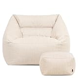 Icon Natalia Sitzsack Sessel mit Hocker für Erwachsene, Salbeigrün, Stoff für Drinnen und Draußen, Riesen Sitzsack mit Füllung, Bequemer Sessel, Garten, Terrasse, Lounge, Wohnzimmer Möbel