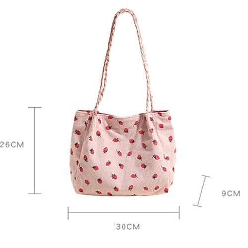 Corduroy Tote Bag Strawberry Soft Slouchy Corduroy Tote Bag With Strawberry Print Cute Large Shoulder Purse with Chain Strap3