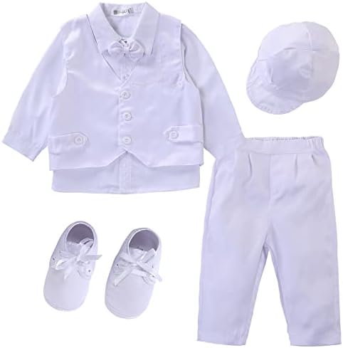 Booulfi Boy Baptism Christening Outfit with Shirt Vest Pants Hat White Formal Suits Baby Boy's Christening Clothing Gift