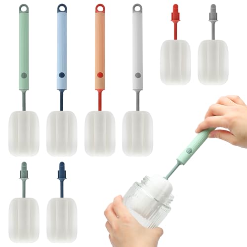 Cepillo para Botellas Cepillo de Limpieza Mango Largo de Cabezal de Cepillo de Esponja poroso Adecuado para Botellas Termo Tarjetas Vasos de Agua Cuencos y vajilla (4 Piezas) + 4 Cabezales