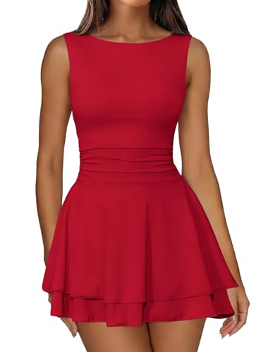 Image of IWD Women's Boat Neck Sleeveless Mini Dress Ruched Waist Flowy Tiered Ruffle Hem A Line Party Short Dresses