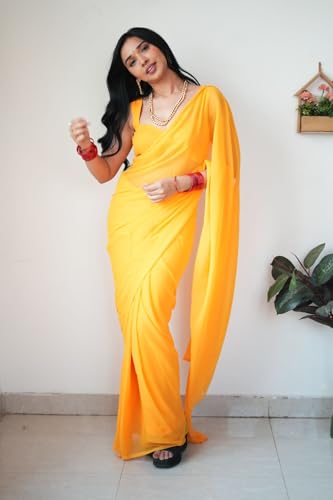 Image of StyleScope Women's Plain Georgette Ready To Wear One Minute Saree With Unstitched Blouse Piece (Kalki)