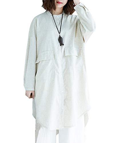 ellazhu Women Baggy Button Down Casual Blouse Dress with Pocket GA1320 Beige