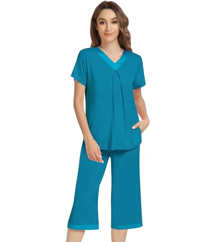 Image of NACHILA Bamboo Viscose Capri Pajamas for Women Cooling Short Sleeve Pjs | 2 Piece Summer Sleepwear with Pockets, Soft Loungewear, Moisture-Wicking Lounge Set, Lace Trim, V Neck, Drawstring