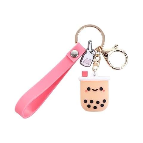LNYMZD Pink Brown Keychain, Cute Bobo Keyring Simulation Drinks Headphone Case Keyring Car Key Chain Bag Pendant for Women Girls Accessories Cover