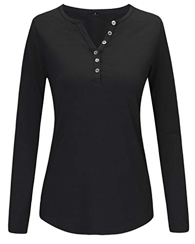 OUGES Womens Long Sleeve V-Neck Button Causal Tops Blouse T Shirt(Black,XL)