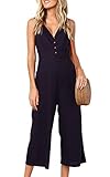 ECOWISH Womens Jumpsuits Casual Button Deep V Neck Sleeveless High Waist Wide Leg Jumpsuit Rompers w