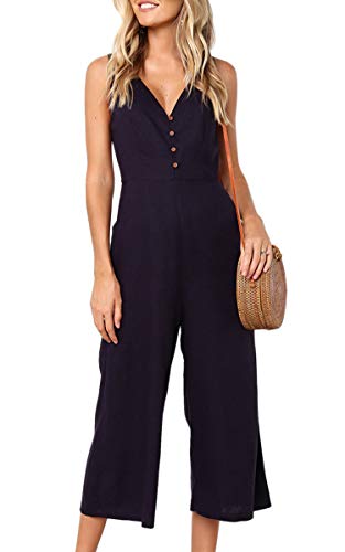Ecowish Womens Jumpsuits Casual Button Deep V Neck Sleeveless High Waist Wide Leg Jumpsuit Rompers With Pockets 103 Black Medium #TOP21