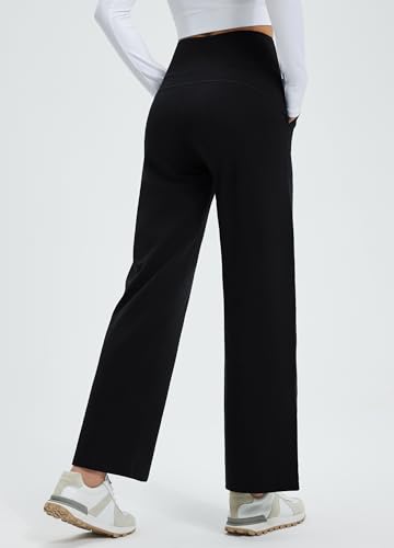 Libin Damen Thermohose Winter Yogahose Weite Fleece Gefütterte Hohe Taille Freizeithose Jogginghose mit Taschen Warme Straighthose Sporthose Trainingshose, Schwarz L