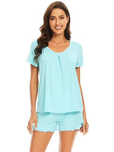 Image of WiWi Womens Pajamas Set Bamboo Viscose Super Soft Short Sleeve Top Ruffle Shorts Sleepwear Cooling Pj Sets S-XXL