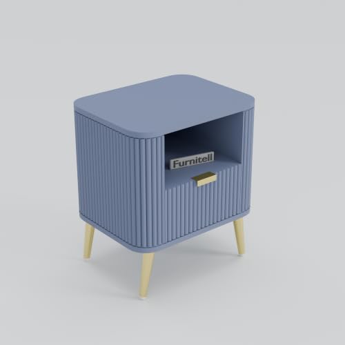 Image of Premium HDMR Wood Bedside Table with 1 Drawer & Open Storage Shelf, Fluted Nightstand with Golden Legs for Bedroom, Modern End Table, for Living Room | Grey Finish, Set of 2