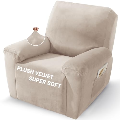 Image of ZNSAYOTX 2026 Velvet Oversized Recliner Cover 3-Piece, Luxury Plush Recliner Chair Covers with Elastic Band & Ties Stay in Place, Stretch Reclining Slipcover for Lazy Boy Soft Washable (Khaki)