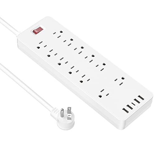 Power Strip, HITRENDS Surge Protector with 12 Outlets and 4 USB Ports (5V/2.4A) & 1 USB-C Port (5V/3A), 1875W/15A, Flat Plug, Spaced Outlets with 6ft Extension Cord for Home Office