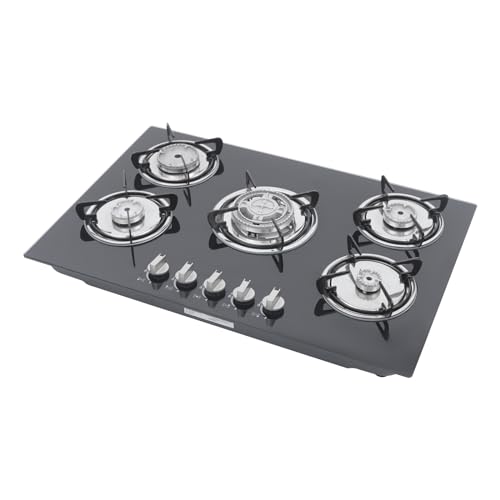 HOARLICN Encimera de gas de 5 fuegos, vidrio templado, cocina de gas empotrable con dispositivo ignífugo, cubierta de metal para uso doméstico y comercial, 77 x 51 x 7 cm