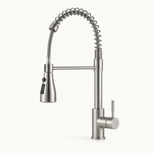Grifo de Cocina Monomando con Caño Alto Cuello de Cisne – Grifo Acero Inoxidable con Rotación 360°, 2 Modos de Chorro, Acabado Níquel Cepillado Antihuellas y Manguera Trenzada Incluida para Fregadero