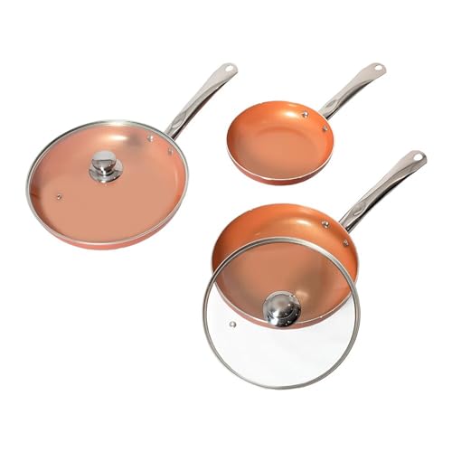 RevolutionLine - Juego de 3 Sartenes y 2 Tapas de Vidrio Templado | Gas, Inducción y Vitrocerámica | Medidas: 20, 24, 28 cms | Color Cobre | Apto para hornos | Revestimiento Cerámico Antiadherente