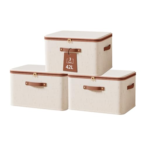 La Mejor Selección de Cubos de almacenaje con tapa - los más vendidos. 50 Tuza - 3 cajas de almacenamiento rígidas con tapa, cajas de almacenamiento de tela de algodón y lino, estantes plegables cubos de almacenamiento de ropa con asas para clóset,...