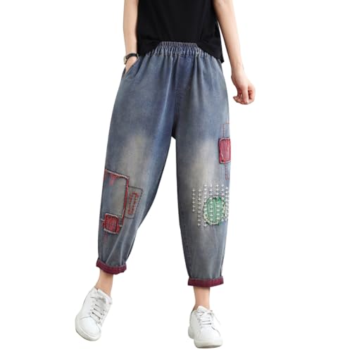 Women Retro Embroidered Loose Jeans Casual Ripped Jeans Harem Pants