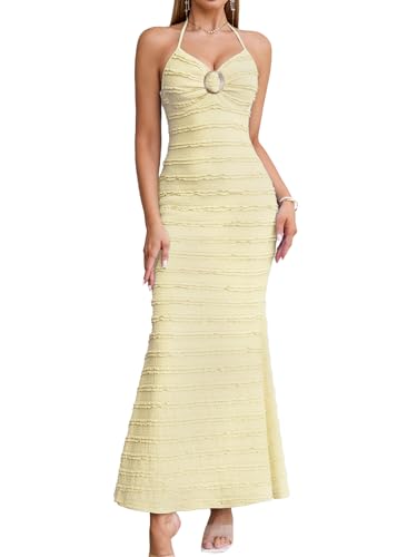 Image of HTZMO Women Wedding Guest Ruffle Bodycon Maxi Dress Halter V Neck Beach Vacation Summer Long Dresses 2026