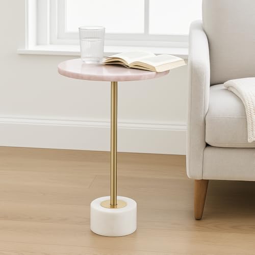 Home Decor End Table, Side Table, or Night Stand - Quartz Drink Table with Slim Metal Base Perfect for Big or Small Spaces - Sleek Form for Modern Office, Living Room, Bedroom Decor - 24' Pink & Gold