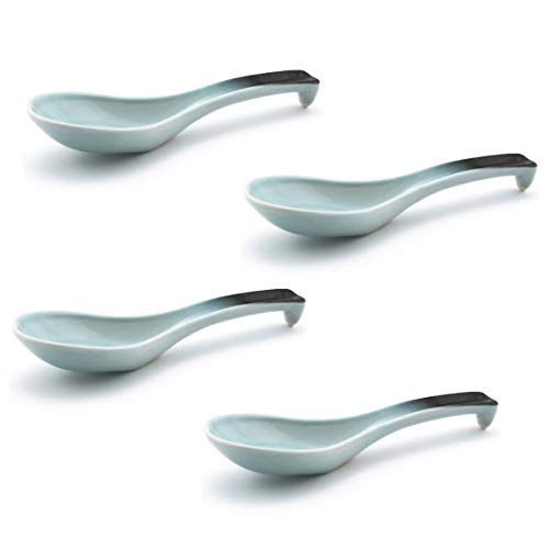 Happy Sales HSSP-GYBL4 Japanese Style Chinese Ceramic Soup Spoons 4 pc Grey Blue