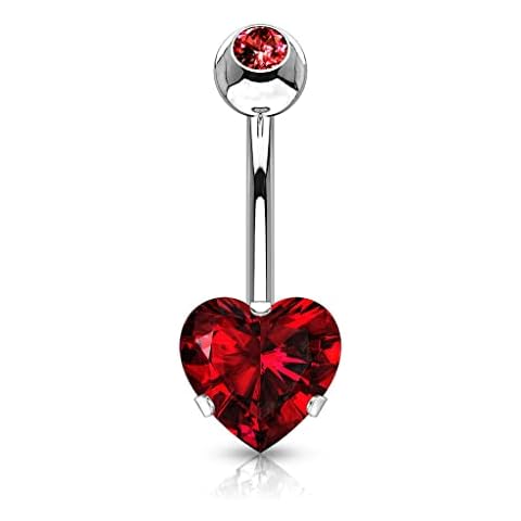 GBJUK Red Heart Belly Button Bar Piercing with Cubic Zirconia Gems Navel Ring Surgical Steel Cover