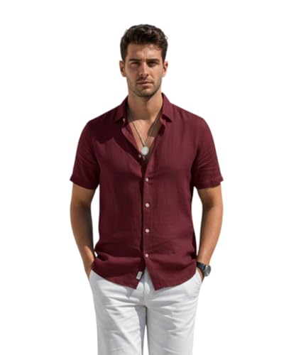Image of VastraVibes Premium Cotton Linen Shirt for Men | Half Sleeve Slim Fit Casual Shirts | Lightweight Beach Wear & Festive Outfits | Trending Pastel Colors