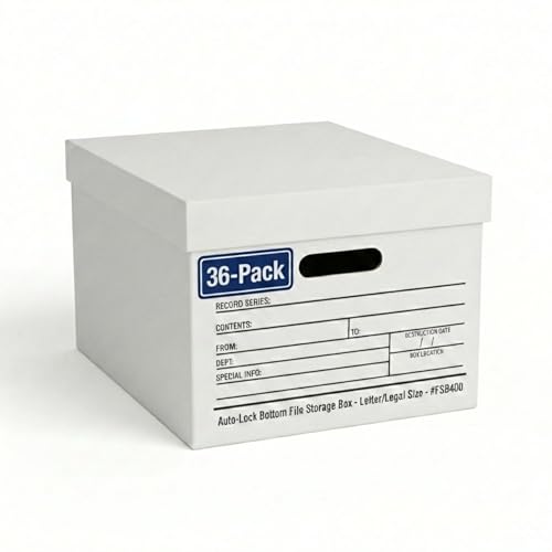 Image of BOX USA File Boxes with Lids and Handles (36-Pack) - File Storage Boxes for Office Supplies, Book Storage, Moving, and Packaging, Fits Letter and Legal Paper, Removable Lid