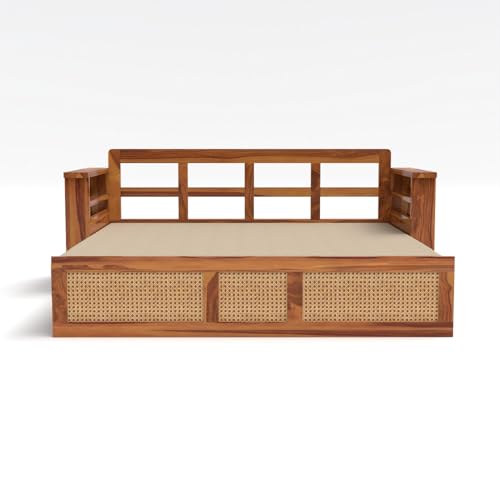 Image of Kunjal Furniture Solid Sheesham Wood Sofa Cum Bed with Storage for Living Room | Natural Finish | 3-Seater Convertible Sofa Bed | Handmade Wooden Furniture (Natural, Modern)