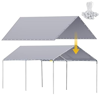 Wesnoy 10 x 20 ft Heavy Duty Canopy Replacement Cover Waterproof Carport Canopy Cover Garage Car Shelter Tarp Tent for Car Canopy with 50 Ball Bungees, Only Top Cover, Frame is Not Included
