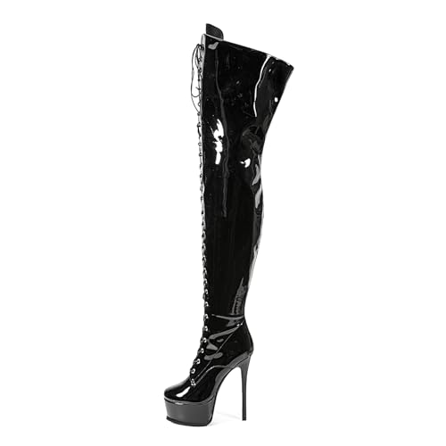 Image of Shiny leather Thigh high boots for Women Stiletto heel Platform Over the knee Round toe back zipper Sexy Front Strappy high heel Cosplay Custume unisex boots