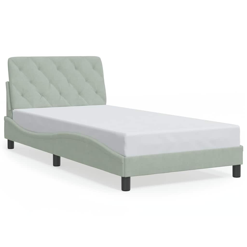 Aksamitna rama z zagłówkiem do sypialni 100x200 cm Szary | Rama łóżka bez materaca z zagłówkiem, jasnoszara, aksamitna, 100x200 cm, tapicerowana, nowoczesna, z listwami ze sklejki, dla