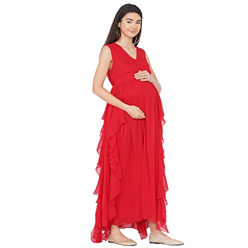 Image of Mine4Nine Women's Maternity Solid Red Color Maxi Baby Shower Dress for Women /Soft Comfortable Nursing Dress with Front Button Attached for Post-Pregnancy