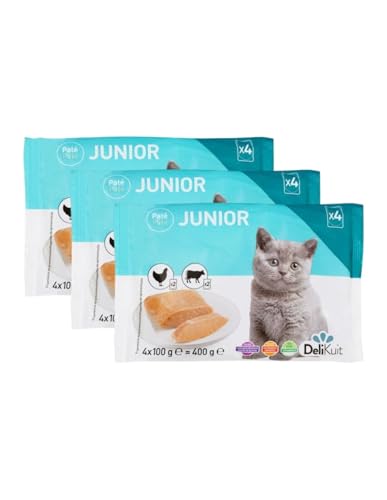 Junior Paté para Gatitos, Pollo y Ternera, sin Cereales, con Taurina, Vitaminas D3 y E, 3 x 400 g DeliKuit