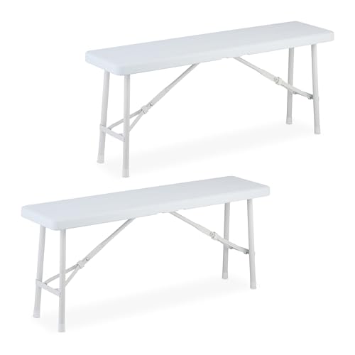 Relaxdays Juego 2 Bancos de Jardín, Plegables, Plástico, Acero, Asiento Camping, Balcón, 42x100x25 cm, Blanco