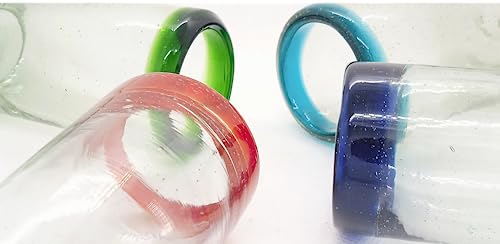 MEXTEQUIL Specialty Mexican Tequila Glasses, Hand-Blown with Unique Color & Texture Set of 4 pieces (Colors Rim)