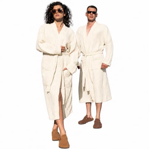 Image of Muslin Unisex Bathrobe Women & Men, 100% Cotton Kimono Lightweight Robe | Long Robes Soft, Absorbent, Spa robes