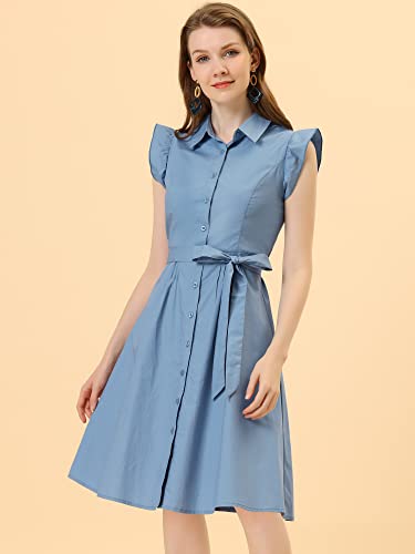 Image of Allegra K Women's Ruffled Sleeve Casual Office Dress Tie Waist Button Down Cotton Shirt Dresses Small Dusty Blue