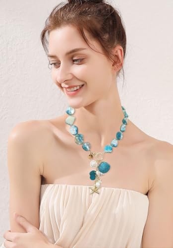 Image of Coiris Natural Seashell Choker Necklaces Earrings Jewelry Set for Women Starfish Shell Freshwater Pearl Collar Necklaces for Women Irregular Mother of Pearl Jewelry Set
