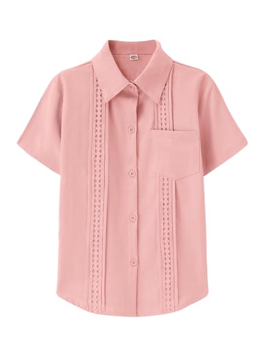 Image of Boys Guayabera Shirt Short Sleeve Button Down Casual Linen Shirt with Pockets for Summer Hawaiian Holiday 4-13Y