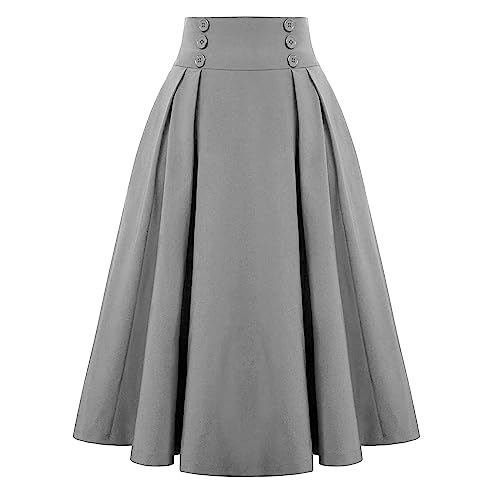 NSICBMNO Pleated Midi Skirt for Women - 50S Retro High Waisted Flared A Line Tennis School Y2K Ladies Knee Length Party Casual Summer Skirt