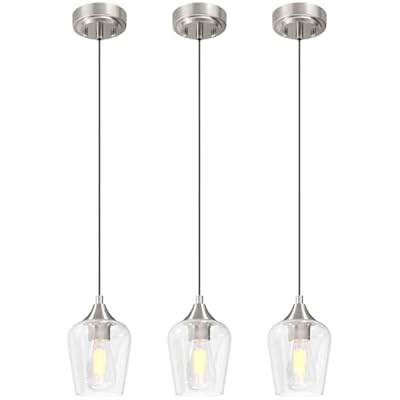 VONLUCE Pendant Lights Kitchen Island, Brushed Nickel Pendant Light Fixtures with E26 Base & Adjustable Cable, Modern Pendant Lighting with Glass Shade for Living Room Bedroom Hallway, 3 Packs