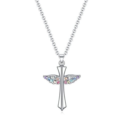 Sumfan Cross Necklace For Girls Women,Small Cubic Zirconia Tiny Cross Necklace Baptism Gifts For Girl,First Communion Gifts,Christening Gifts For Girls Women (Angel Wing Cross Necklace) #TOP4