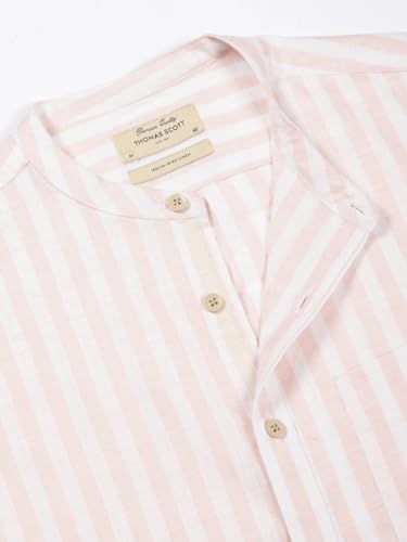 Image of Thomas Scott Men's Slim Fit Cotton Linen Casual Shirt with Mandarin Collar | Vertical Stripes | Three-Quarter Roll-Up Sleeves
