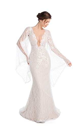 Luxury Lace Flare Sleeves Mermaid Wedding Dress Boho Beach Sexy Deep V Open Back Bridal Gowns
