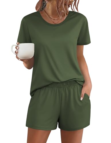 Image of Ekouaer Women's Pajama Sets Short Sleeve Pjs 2 Piece Top and Shorts Sleepwear Comfy Soft Lounge Sets with Pockets