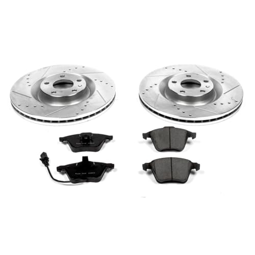 Image of PowerStop Front Brake Kit for Audi S4 2004-09 - Drilled and Slotted Disc Rotors with Carbon-Fiber Ceramic Brake Pads Replacement, K2934