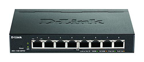 D Link DGS 1100 08PV2/E, Switch Smart 8 Puertos Gigabit, PoE, Power Over Ethernet, Gestión Web, Layer 2, VLAN, IGMP Snooping, VoIP, QoS, Seguridad Red   Cable de alimentación de la UE