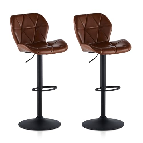 TUKAILAi Bar Stools Set of 2, Modern Swivel Counter Height Adjustable Barstools with Large Metal Base, Retro PU Leather Island Chairs for Home Kitchen (Brown)